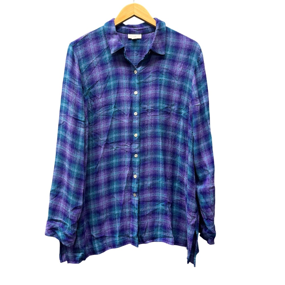 J. Jill Flannel Shirt Womens L Plaid Purple Blue Button Up Casual Fall Winter